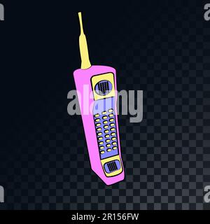 Old retro vintage mobile phone with antenna from the 70s, 80s, 90s on a translucent, dark, squared gray background of squares. Vector illustration. Stock Vector