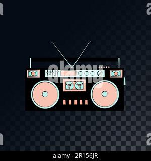 Old retro vintage music cassette tape recorder, boombox from the 70s, 80s, 90s on a translucent dark squared gray background from squares. Vector illu Stock Vector
