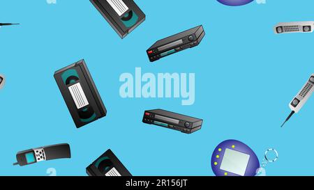 Seamless pattern of retro old hipster electronic devices technology computers cassettes tape recorders mobile phones from the 70s, 80s, 90s, 2000s on Stock Vector