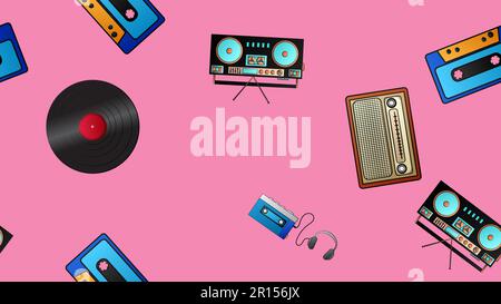 Seamless pattern of retro old hipster music audio cassette players and tape recorders vinyl records and radios from the 70s, 80s, 90s, 2000s on a pink Stock Vector