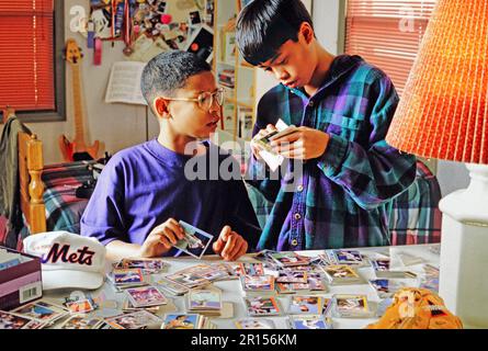 African-American and Asian American boys examining their collection of baseball cards Stock Photo