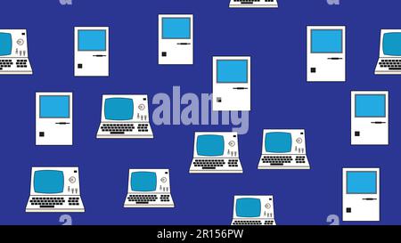 Seamless pattern endless computer with old retro computers, vintage white hipster pc from 70s, 80s, 90s isolated on blue background. Vector illustrati Stock Vector
