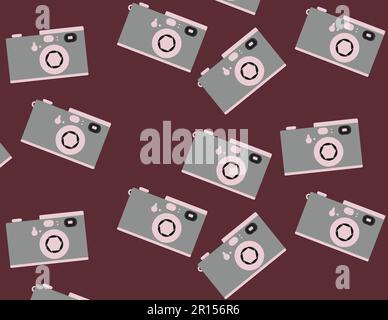 Pattern of pink-gray, hipster, beautiful, vintage retro cameras scattered and turned in different directions on a claret background. Seamless texture. Stock Vector