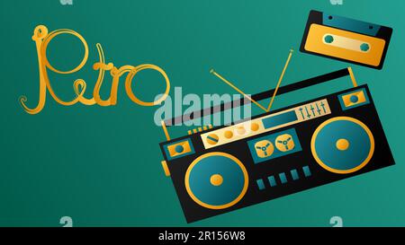 Old beautiful retro hipster music audio tape recorder and cassette from the 70s, 80s, 90s on a green background. Stock Vector