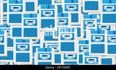 Seamless pattern endless with music audio cassette old retro voice recorder vintage hipster from 70s, 80s, 90s isolated on white background. Vector il Stock Vector