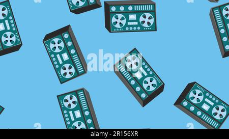 Seamless pattern endless with music audio cassette old retro tape recorders vintage hipster from 70s, 80s, 90s isolated on blue background. Vector ill Stock Vector