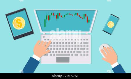 Vector man businessman working on the stock market with bitcoin financial charts on the workplace desk with modern digital computer laptop, tablet and Stock Vector