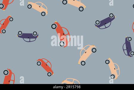 Texture, seamless pattern of small children's beautiful beautiful fast cars, hatchbacks with wheels. Background, wallpaper. Vector illustration. Stock Vector
