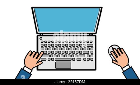 Vector illustration of a man working with his hands on a computer laptop with a mouse and keyboard on a white background top view, flat lay. Concept: Stock Vector