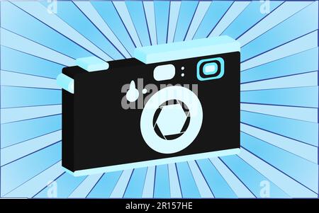 Retro old antique camera from the 70s, 80s, 90s, 2000s against a background of abstract blue rays. Vector illustration. Stock Vector