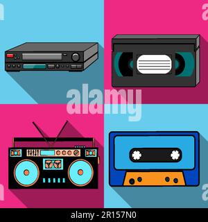 A set of four simple flat style icons with a long shadow from old retro vintage hipster antique electronics, tape recorder, audio tape, video player a Stock Vector