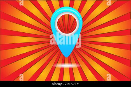 Big blue geolocation label on a background of abstract red rays. Vector illustration. Stock Vector