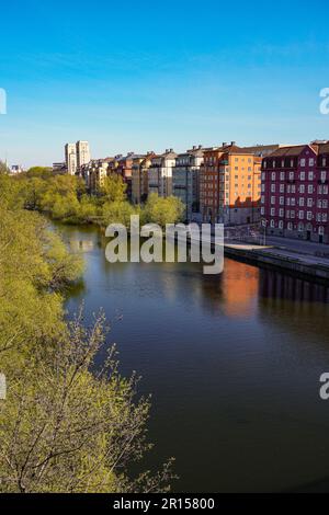 High angle view of river amidst buildings in city Stock Photo