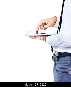 With just a tap of your finger...A side view cropped image of a man touching his touch screen. Stock Photo