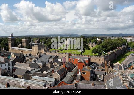 Panorama rooftop view, Cardiff Castle in Cardiff city centre, Wales UK Welsh landmark building cityscape tourist attraction British city Stock Photo