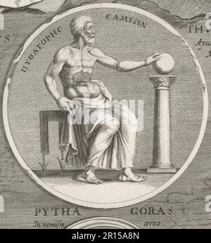 Pythagoras of Samos, ancient Ionian Greek philosopher and the eponymous founder of Pythagoreanism, c.570-495 BC. Seated with hand on a globe. From a coin. Pythagoras. Copperplate engraving after an illustration by Joachim von Sandrart from his L’Academia Todesca, della Architectura, Scultura & Pittura, oder Teutsche Academie, der Edlen Bau- Bild- und Mahlerey-Kunste, German Academy of Architecture, Sculpture and Painting, Jacob von Sandrart, Nuremberg, 1675. Stock Photo