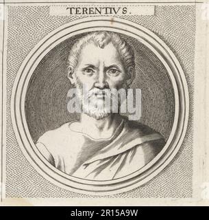 Terence, African Roman comedy playwright, c.195-159 BC. Publius Terentius Afer, born in Carthage, the first African poet in Latin during the Roman Republic. Terentius. Copperplate engraving after an illustration by Joachim von Sandrart from his L’Academia Todesca, della Architectura, Scultura & Pittura, oder Teutsche Academie, der Edlen Bau- Bild- und Mahlerey-Kunste, German Academy of Architecture, Sculpture and Painting, Jacob von Sandrart, Nuremberg, 1675. Stock Photo