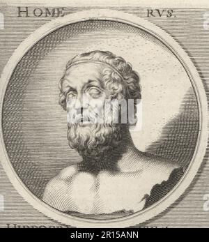 Homer, ancient Greek epic poet who is credited as the author of the Iliad and the Odyssey, born c. 8th century BC. Homerus. Copperplate engraving by Bartholomaus Kilian after an illustration by Joachim von Sandrart from his L’Academia Todesca, della Architectura, Scultura & Pittura, oder Teutsche Academie, der Edlen Bau- Bild- und Mahlerey-Kunste, German Academy of Architecture, Sculpture and Painting, Jacob von Sandrart, Nuremberg, 1675. Stock Photo