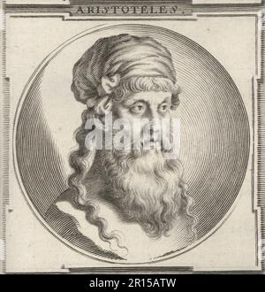 Aristotle, ancient Greek philosopher and polymath, 384-322 BC. Aristoteles. Copperplate engraving by Bartholomaus Kilian after an illustration by Joachim von Sandrart from his L’Academia Todesca, della Architectura, Scultura & Pittura, oder Teutsche Academie, der Edlen Bau- Bild- und Mahlerey-Kunste, German Academy of Architecture, Sculpture and Painting, Jacob von Sandrart, Nuremberg, 1675. Stock Photo