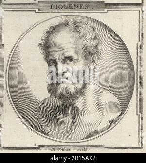 Diogenes, also known as Diogenes the Cynic or Diogenes of Sinope, Greek philosopher, one of the founders of Cynicism, c.412-323 BC. Diogenes. Copperplate engraving by Bartholomaus Kilian after an illustration by Joachim von Sandrart from his L’Academia Todesca, della Architectura, Scultura & Pittura, oder Teutsche Academie, der Edlen Bau- Bild- und Mahlerey-Kunste, German Academy of Architecture, Sculpture and Painting, Jacob von Sandrart, Nuremberg, 1675. Stock Photo