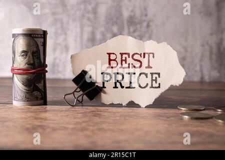 Word writing text Best Price. Business concept for the lowest or great price that a buyer can buy something for Trendy metallic laptop clips pencil sq Stock Photo