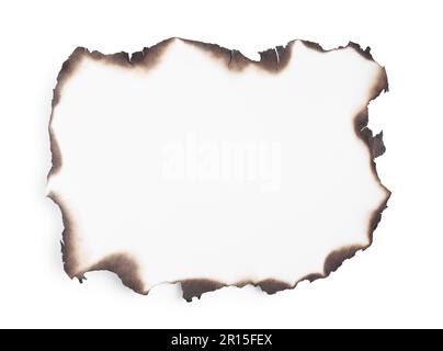 Piece of paper with dark burnt borders on white background, top view. Space for text Stock Photo