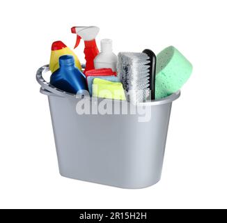 Grey bucket and many different car wash products on white background Stock Photo