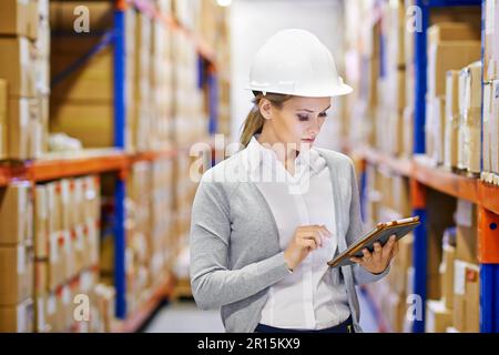 Checking the shipments status. a woman at work in a storage warehouse. Stock Photo