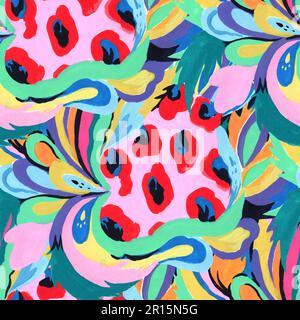 Bright colorful abstract pattern with oraganic shapes and nature elements. Hand drawn expressive illustration. Stock Photo