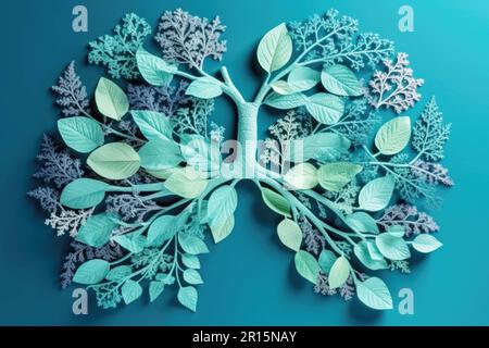 Human lungs from green leaves, blue background copy space. Healthy respiratory system, anatomical silhouette Stock Photo