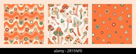 Groovy Mushrooms and Daisy Flowers Seamless Patterns Set. Retro Hippie Vector Background in 70s 80s Style for Print on Textile, Wrapping Paper Stock Vector