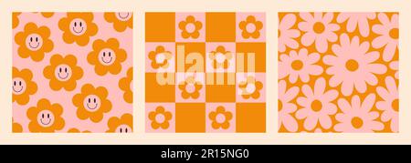 Groovy Seamless Patterns Set with Checkerboard and Daisy Flowers . Psychedelic Abstract Vector Background in 1970s Hippie Retro Style for Print Stock Vector