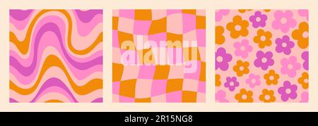 Groovy Seamless Patterns Set with Waves, Checkerboard and Daisy Flowers . Psychedelic Abstract Vector Background in 1970s Hippie Retro Style Stock Vector