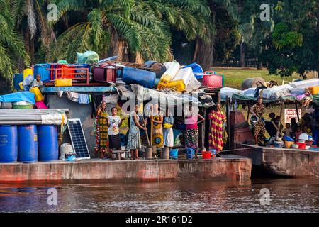 Overloaded riverboat on the Congo river, DR Congo Stock Photo