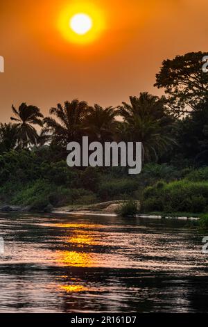 Sidearm of the Congo river at sunset, DR Congo Stock Photo