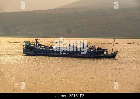 Overloaded riverboat on the Congo river, DR Congo Stock Photo