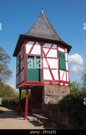 Half-timbered house on stilts, herb garden of Steinheim Castle, Steinheim am Main, Hanau, Hesse, Germany Stock Photo