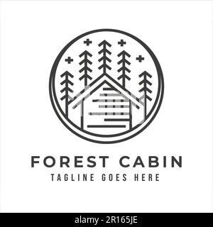 Vintage retro Village Cabin Hut with Pine Trees Adventure Outdoor Camp logo Stock Vector