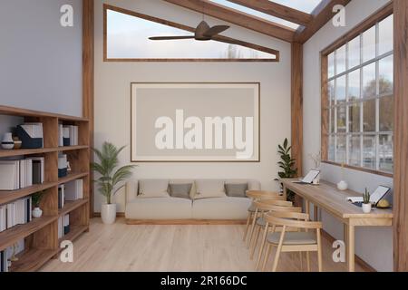 Interior design of a minimal Scandinavian cafe or co-working space with comfortable couch, wooden bookcase, table against the window, ceiling fan and Stock Photo