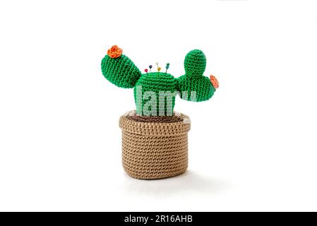 pincushion in the shape of a cactus in a pot, crocheted, on a white background Stock Photo