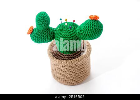 pincushion in the shape of a cactus in a pot, crocheted, on a white background Stock Photo