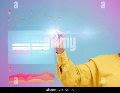 Payment, hologram design and woman hand isolated on studio background of website application and futuristic technology. Touchscreen, person finger and Stock Photo