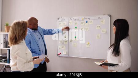 Agile Business Team Using Kanban Task Board Stock Photo