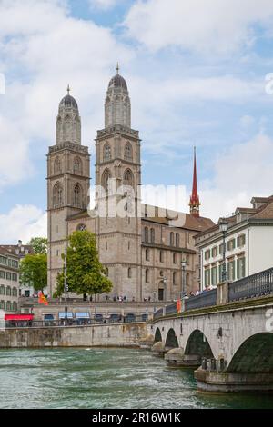 Zurich, Switzerland - June 12 2018 : The Grossmünster ('great minster') is a Romanesque-style Protestant church. Stock Photo