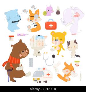 Cute Patients Animals. Sick Cartoon Characters on White Background Stock Vector