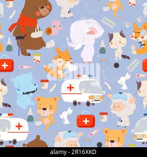 Seamless Pattern with Sick Cartoon Characters on Blue Background Stock Vector