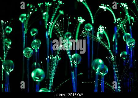 Close-up of a glowing green fiber optic light display resembling futuristic plants or bioluminescent organisms. AI concept Stock Photo