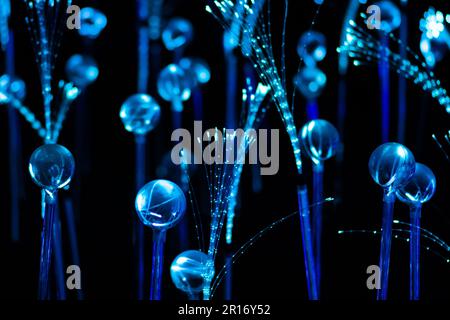 Close-up of a futuristic fiber optic light installation with glowing blue orbs and strands in a dark setting. AI concept Stock Photo