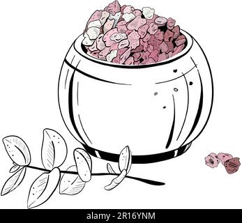 Vector illustration of set with pink sea cosmetic salt on glass bowl and plant stem. Black outline, graphic drawing in curves. For postcards, design Stock Vector