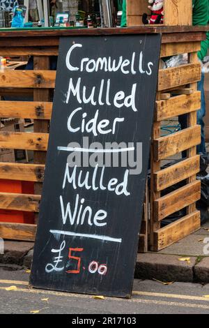 A sign advertising Cromwells mulled cider, Cambridge, UK Stock Photo